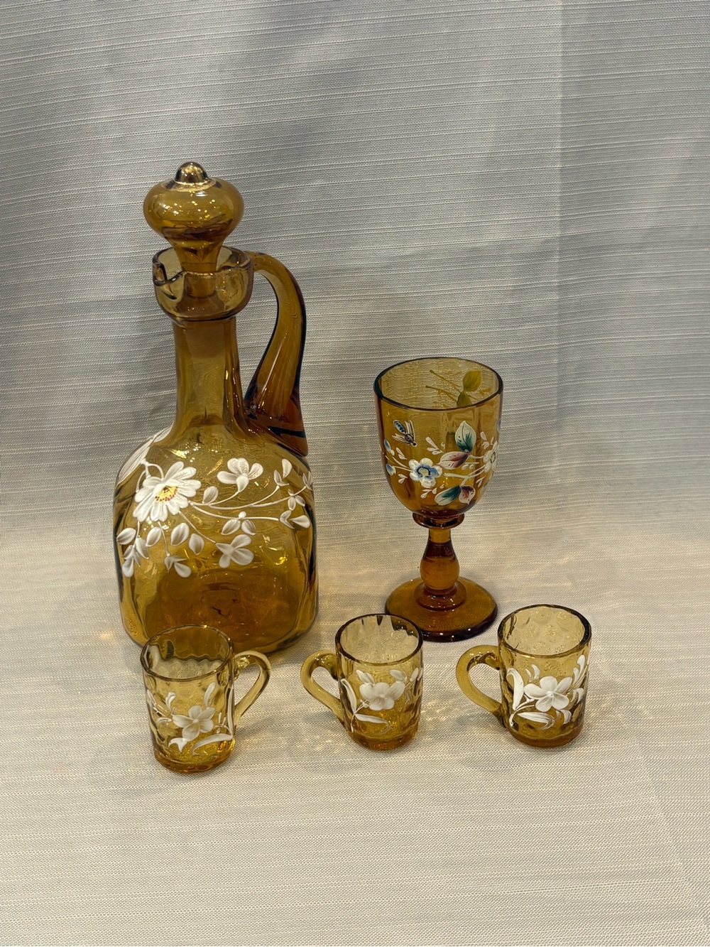 Hand-Painted Amber Glass Decanter Set with Floral Motif